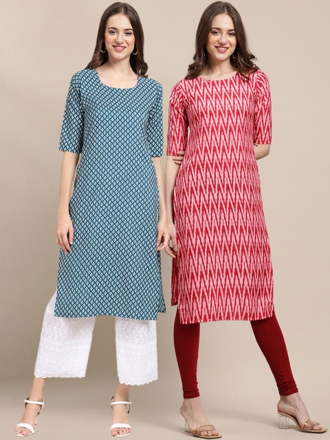 

KALINI Women Pack Of 2 Pink & Blue Printed Crepe Straight Kurta