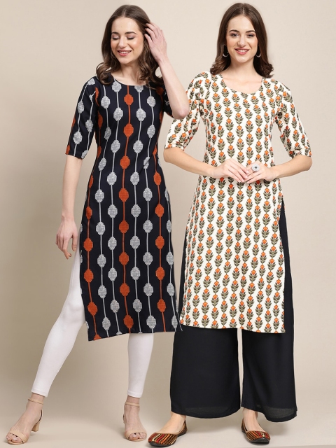 

KALINI Pack Of 2 Women Black & Off White Printed Straight Crepe Kurta