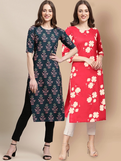 

KALINI Women Pack Of 2 Teal & Red Printed Crepe Straight Kurta