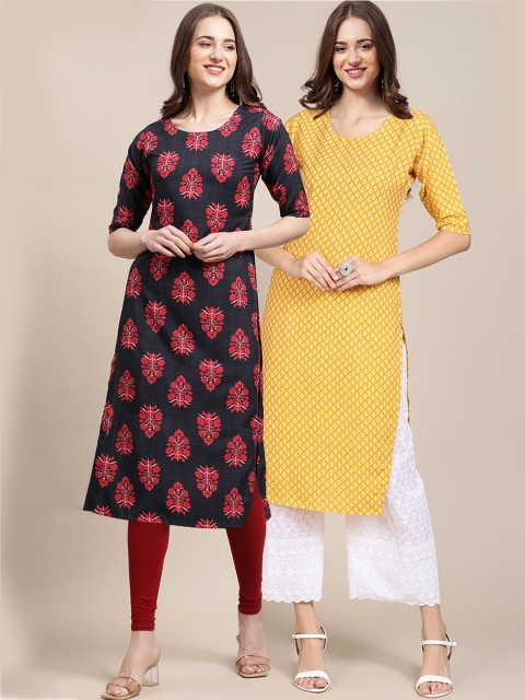 

KALINI Women Pack Of 2 Navy Blue & Yellow Floral Printed Crepe Kurta