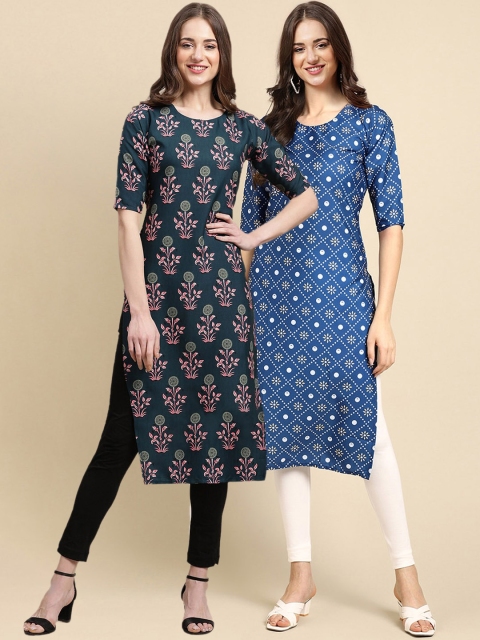 

KALINI Women Pack Of 2 Green & Blue Floral Printed Crepe Kurta