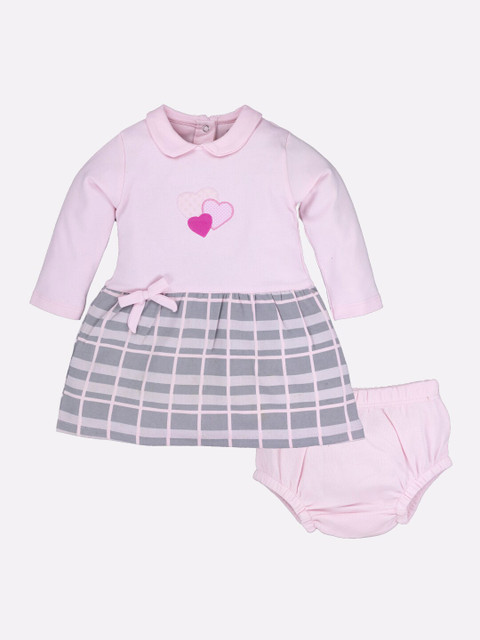 

BABY GO Girls Pink & Grey Checked Peter Pan Collar A-Line Dress
