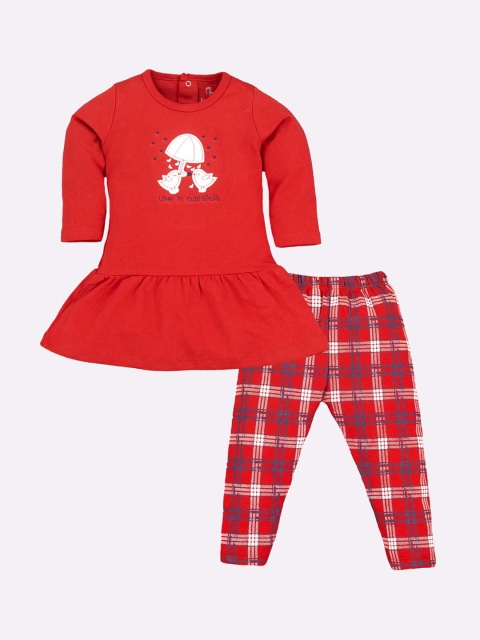

BABY GO Girls Red & White Printed Pure Cotton T-shirt with Leggings