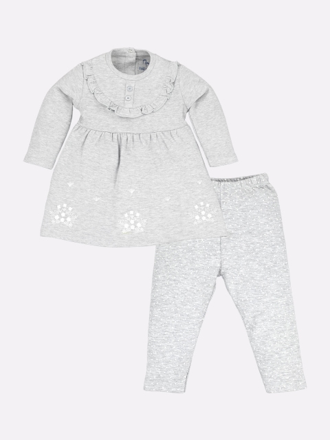 

BABY GO Girls Pure cotton Grey Melange & White Printed T-shirt with Leggings
