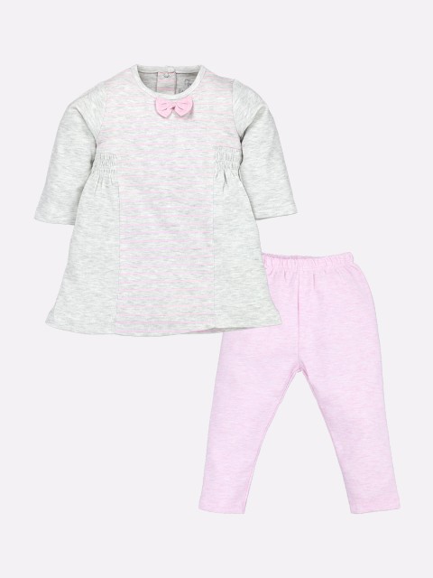 

BABY GO Girls Grey Melange & Pink Printed Pure Cotton T-shirt with Leggings