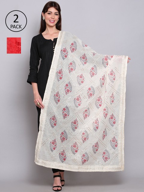 

Miaz Lifestyle Pack of 2 White & Red Ethnic Motifs Woven Design Dupatta