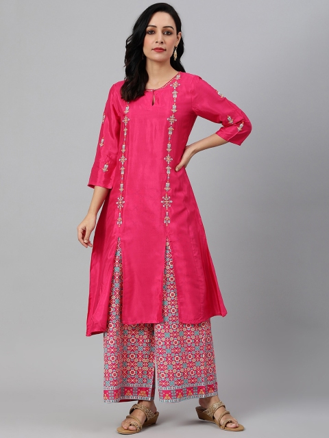 

W Women Pink Floral Embroidered Thread Work Kurta with Palazzos