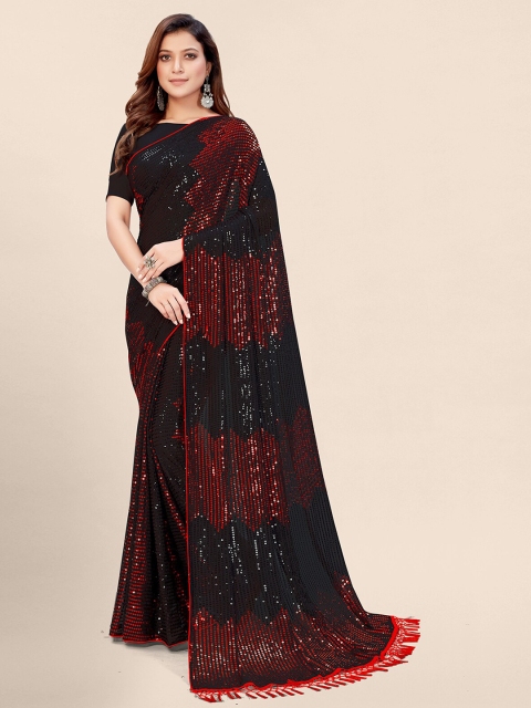 

Granthva Fab Black & Red Embellished Sequinned Pure Georgette Saree