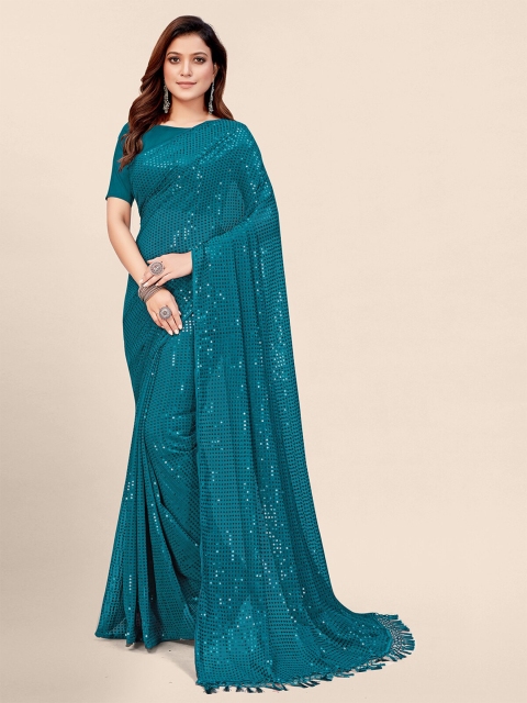 

Granthva Fab Teal Embellished Sequinned Pure Georgette Saree
