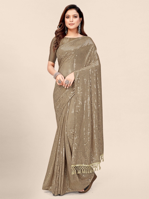 

Granthva Fab Beige Embellished Sequinned Pure Georgette Saree