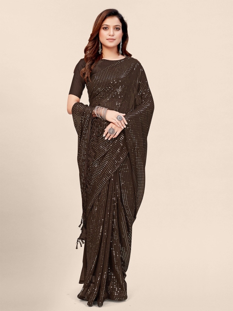 

Granthva Fab Brown Embellished Sequinned Pure Georgette Saree