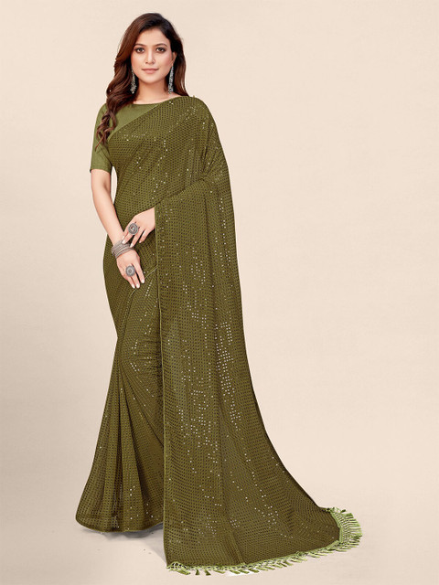 

Granthva Fab Olive Green Embellished Sequinned Pure Georgette Saree
