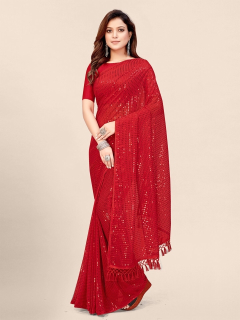 

Granthva Fab Red Embellished Sequinned Pure Georgette Saree