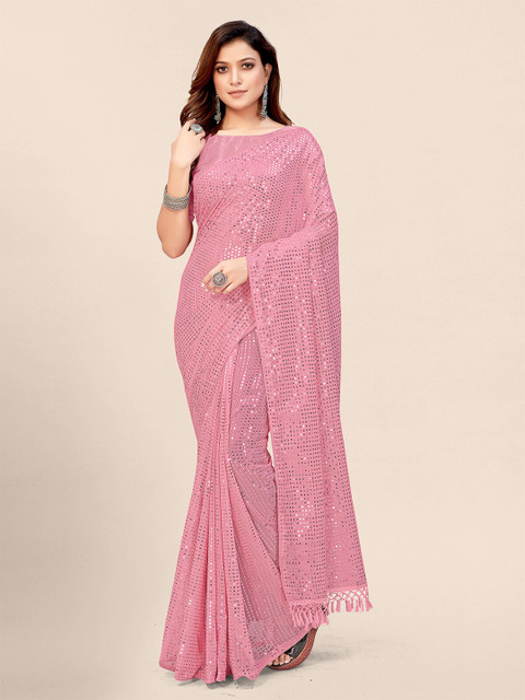 

Granthva Fab Pink Embellished Sequinned Pure Georgette Saree