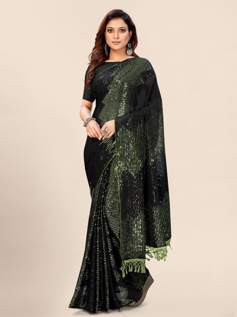 

Granthva Fab Black & Green Embellished Sequinned Pure Georgette Saree