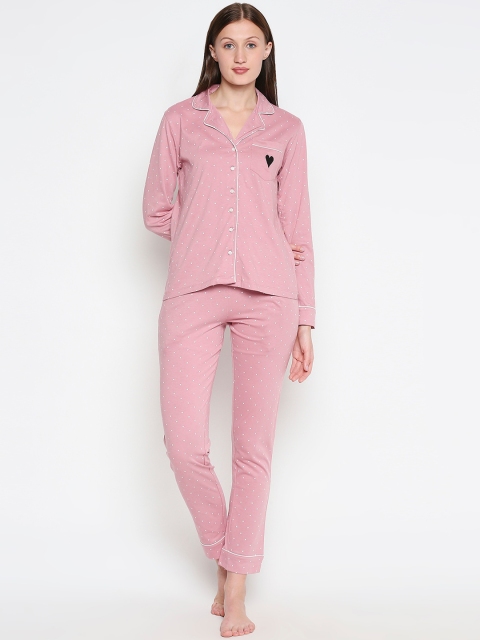 

XIN Women Pink & White Printed Pure Cotton Night suit