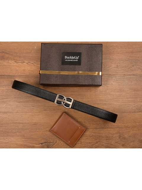 

BuckleUp Men Black Textured Wallet & Belt Accessory Gift Set