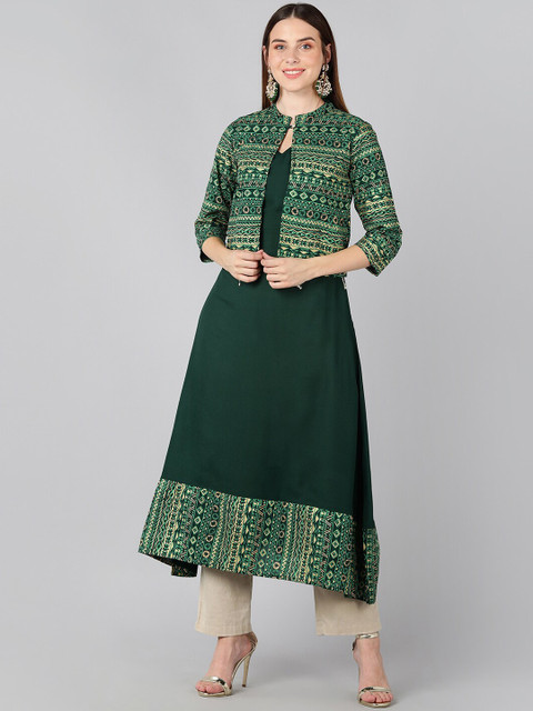 

Jaipur Folk Women Green Geometric Printed Kurta with Jacket