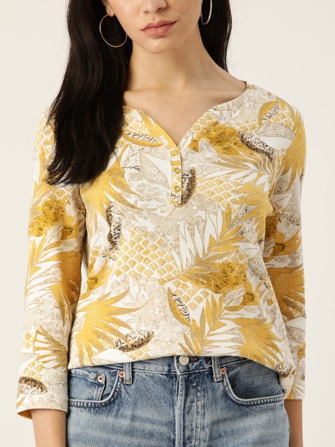 

Macy's Karen Scott Women Mustard Yellow & White Floral Printed Tropical T-shirt