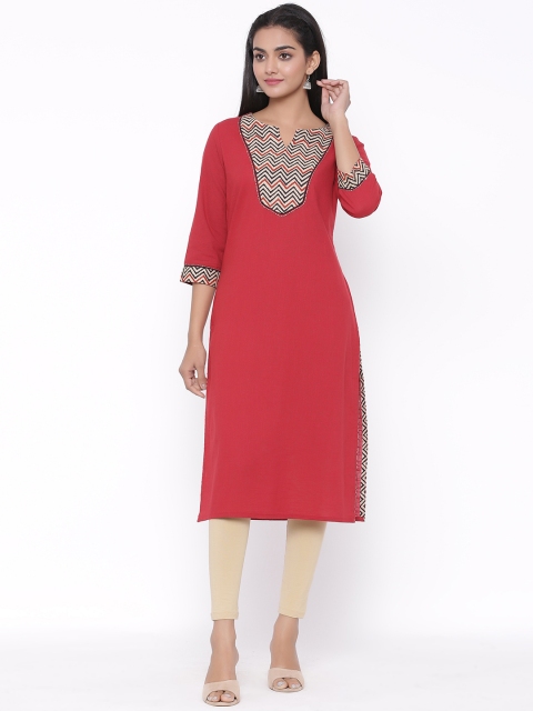

fabGLOBAL Women Red & Beige Chevron Yoke Design Straight Kurta