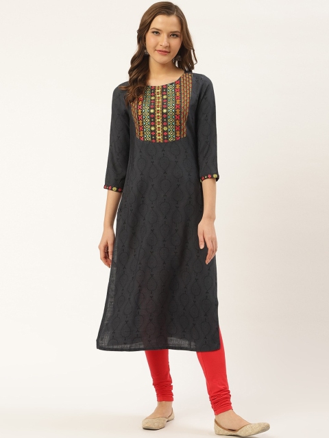 

fabGLOBAL Women Navy Blue Embroidered Keyhole Neck Thread Work Kurta