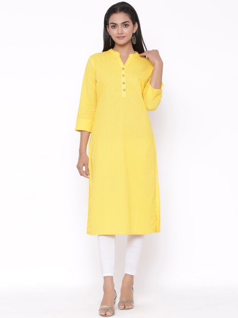 

fabGLOBAL Women Yellow Solid Thread Work Kurta