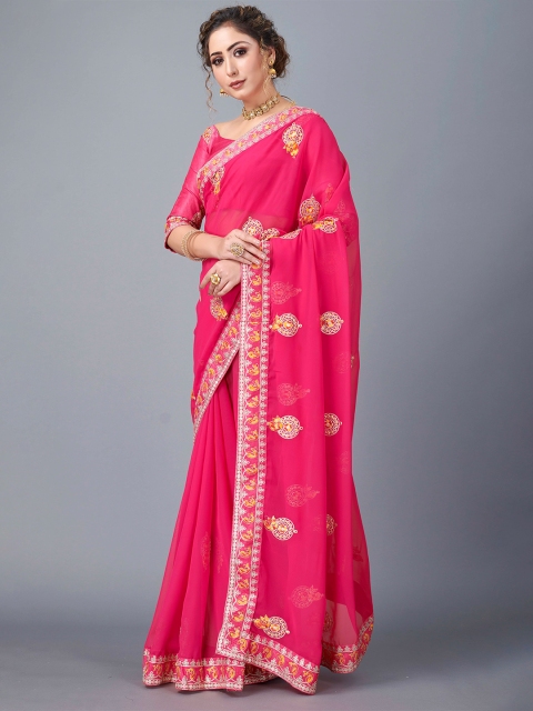 

Fashion FRICKS Pink & White Embroidered Pure Georgette Saree