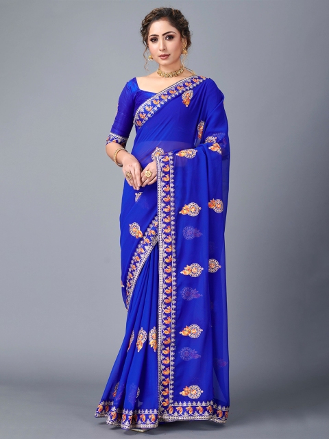 

Fashion FRICKS Blue & Silver Ethnic Motifs Embroidered Pure Georgette Saree