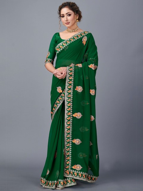 

Fashion FRICKS Green & Silver-Toned Floral Embroidered Pure Georgette Saree