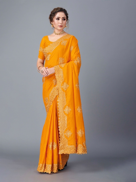 

Fashion FRICKS Yellow & Gold-Toned Floral Embroidered Pure Silk Saree