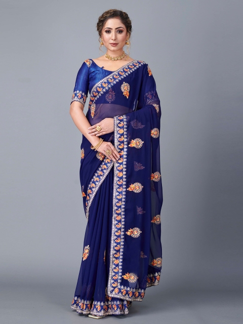 

Fashion FRICKS Navy Blue & White Floral Embroidered Pure Georgette Saree