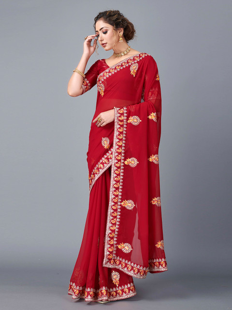 

Fashion FRICKS Maroon & Orange Floral Embroidered Pure Georgette Saree