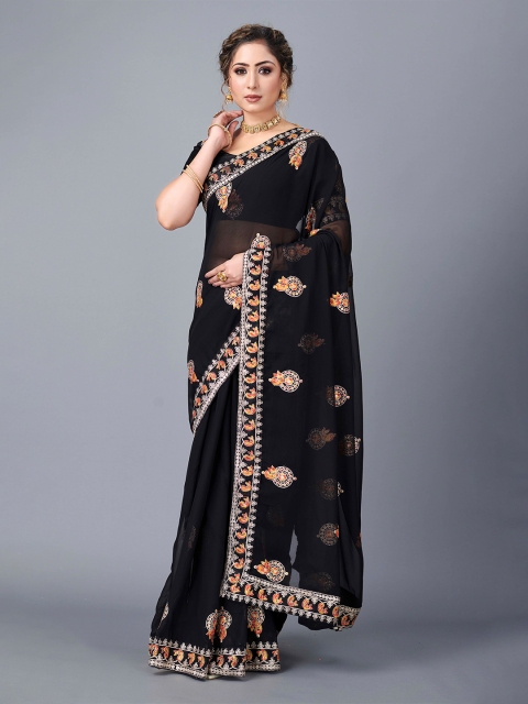 

Fashion FRICKS Black & White Ethnic Motifs Embroidered Pure Georgette Saree