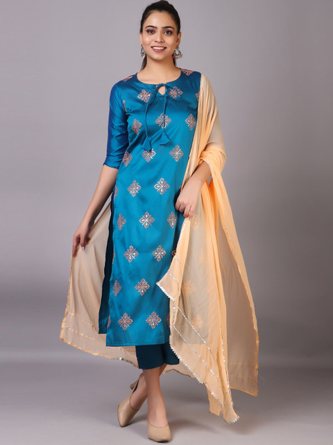 

V TRADITION Women Blue Ethnic Motifs Sequins Embroidered Kurti With Trouser & Dupatta
