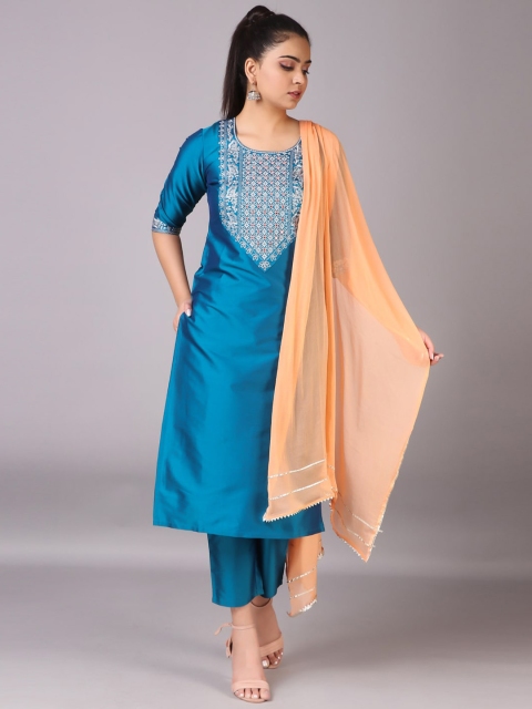 

V TRADITION Women Blue Yoke Design Layered Kurti with Palazzos & With Dupatta