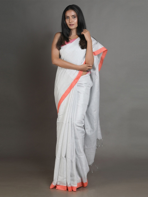 

Arhi White & Orange Tissue Solid Saree