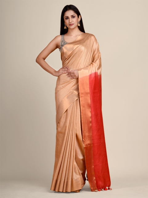 

Arhi Gold-Toned & Orange Solid Woven Design Zari Saree