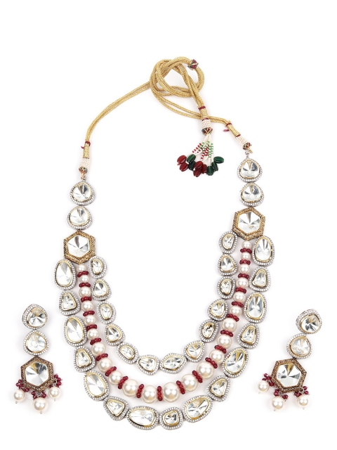 

ODETTE Silver-Plated Red Kundan-Studded & Beaded Jewellery Set