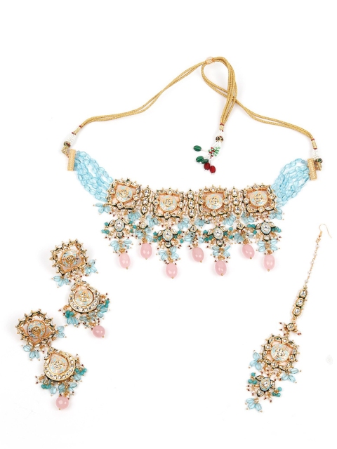 

ODETTE Silver -Plated Pink & Blue Pearl Studded Jewellery Set, Gold