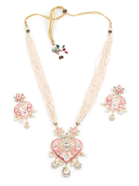 

ODETTE Silver-Plated Pink Pearls-Studded & Beaded Jewellery Set