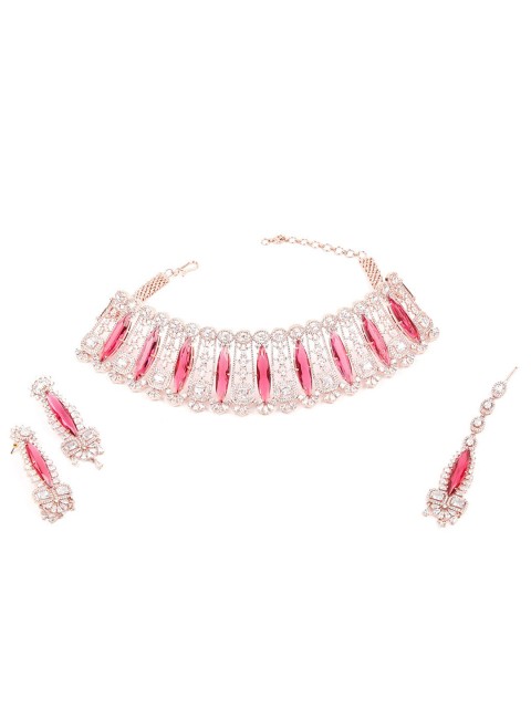 

ODETTE Sliver-Plated Pink Stone-Studded Jewellery Set