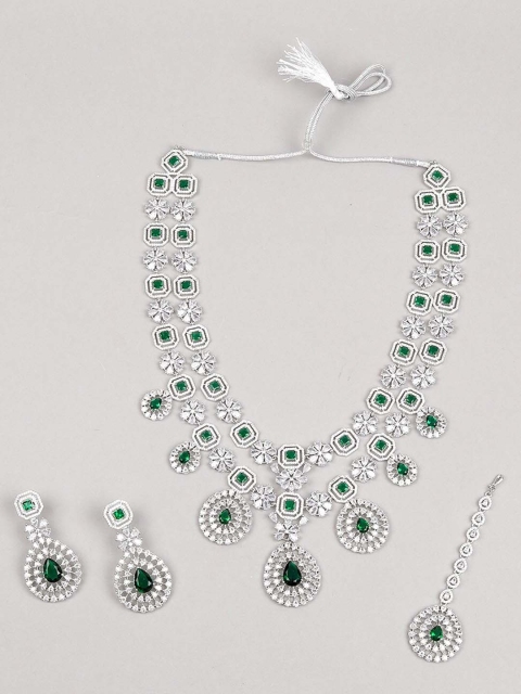 

ODETTE Silver-Plated Green Pearls-Studded & Beaded Jewellery Set