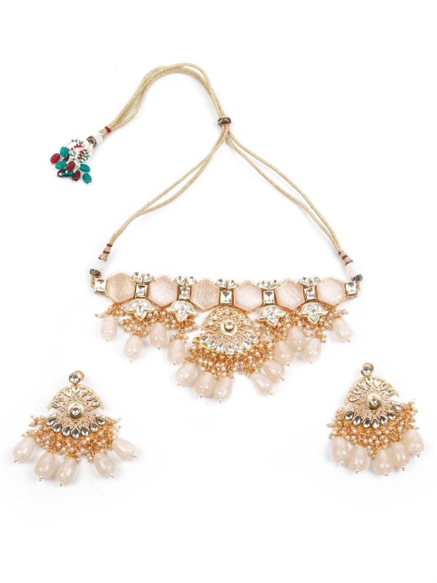 

ODETTE Gold-Plated White & Green Kundan-Studded & Beaded Jewellery Set