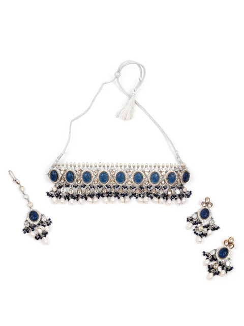 

ODETTE Silver-Plated Blue Pearls-Studded & Beaded Jewellery Set