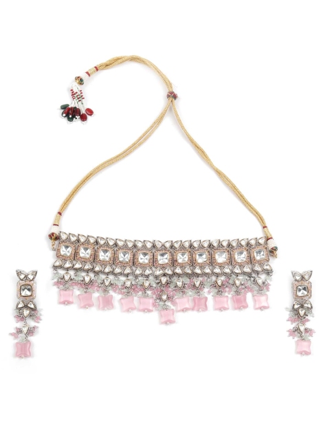 

ODETTE Silver-Plated Pink & White Stone Studded Jewellery Set