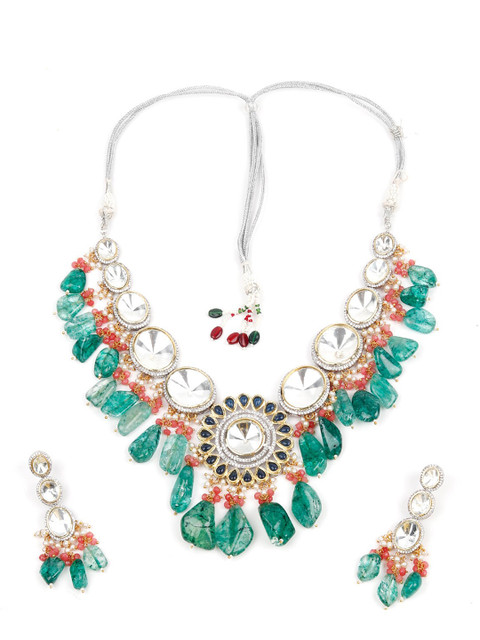 

ODETTE Silver-Plated White & Green Stone Studded Jewellery Set