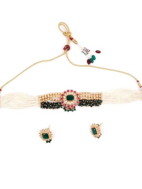 

ODETTE Gold-Plated White & Green Kundan-Studded & Beaded Jewellery Set