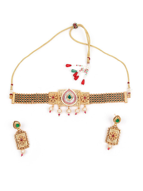 

ODETTE Gold-Plated Red & Green Stone-Studded & Beaded Jewellery Set