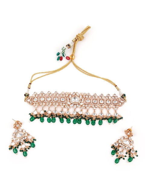 

ODETTE Sliver-Plated & Green Kundan Studded Jewellery Set, Gold