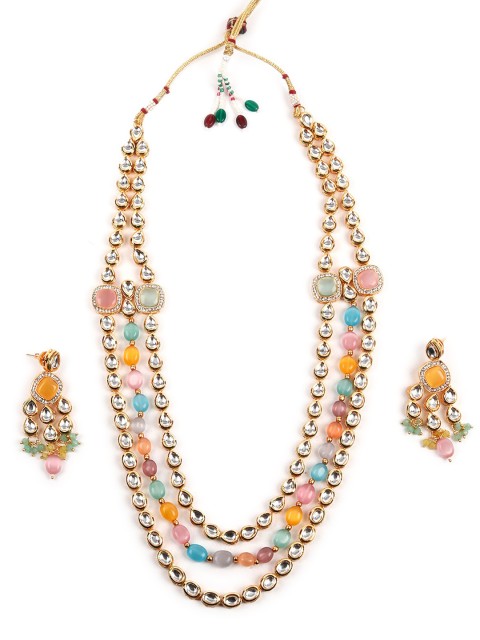 

ODETTE Gold-Plated White & Pink Kundan-Studded Jewellery Set